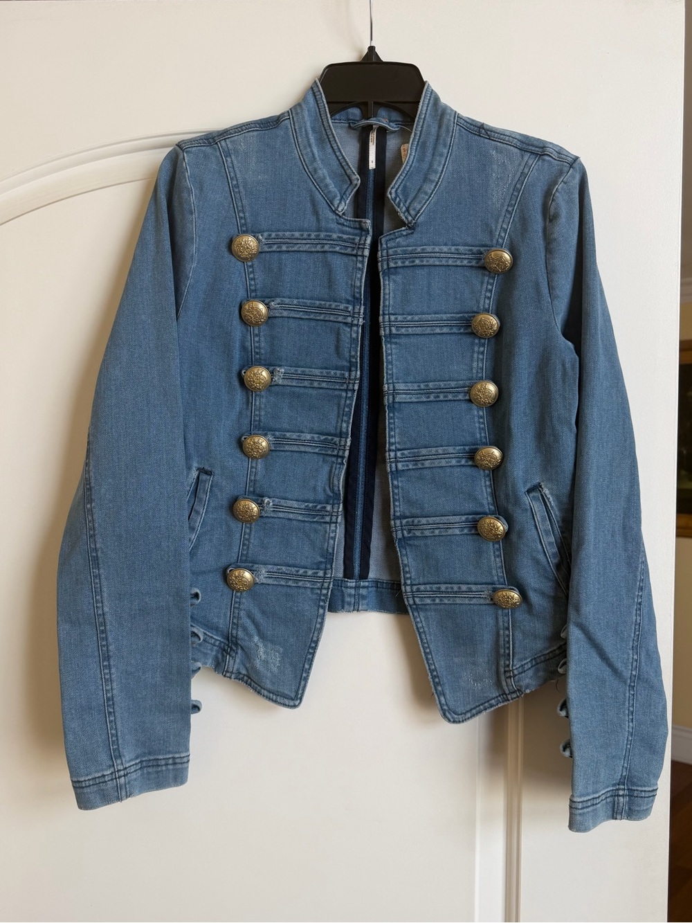 Free People Blue Military-Style Denim Jacket with Brass Buttons